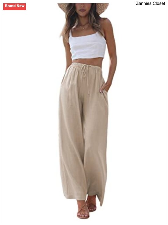 Pants - Faleave Cotton Linen Palazzo Pants Wide Leg Flowy Beach Trousers with Pockets